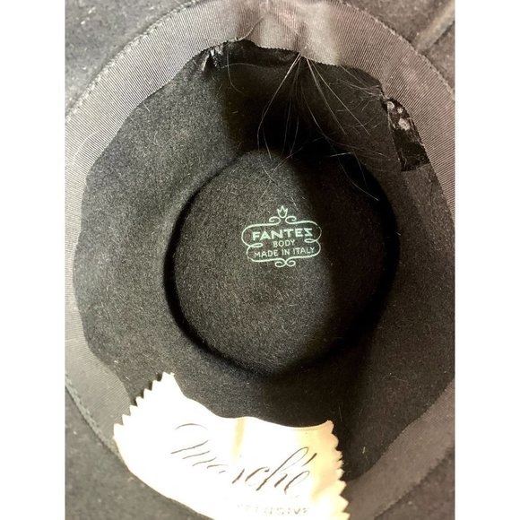 Vintage 40s Wool Cloche Bell Hat Velvet Trim Feather Black main image 9